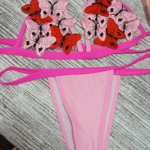 Pink Butterfly Embellished Bikini Set